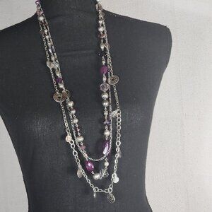 Premier Designs Silver Tone Three Strand Purple Silver Bead Coin 32" Necklace
